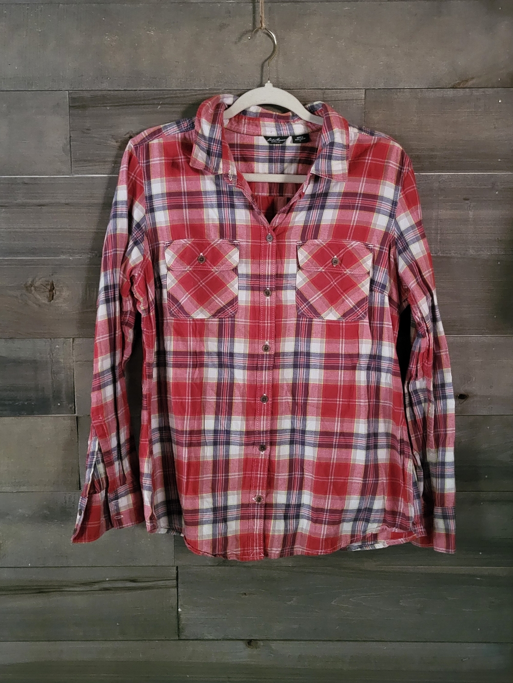 Eddie Bauer Women's Red Plaid Cotton Button Down XL Fall, Lumberjack, Cozy